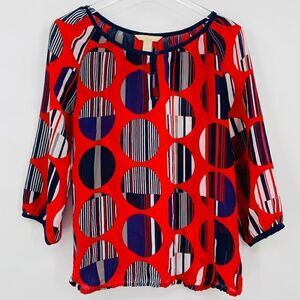 Banana Republic Size Small Red & Blue Abstract Polka Dot Popover Blouse Top